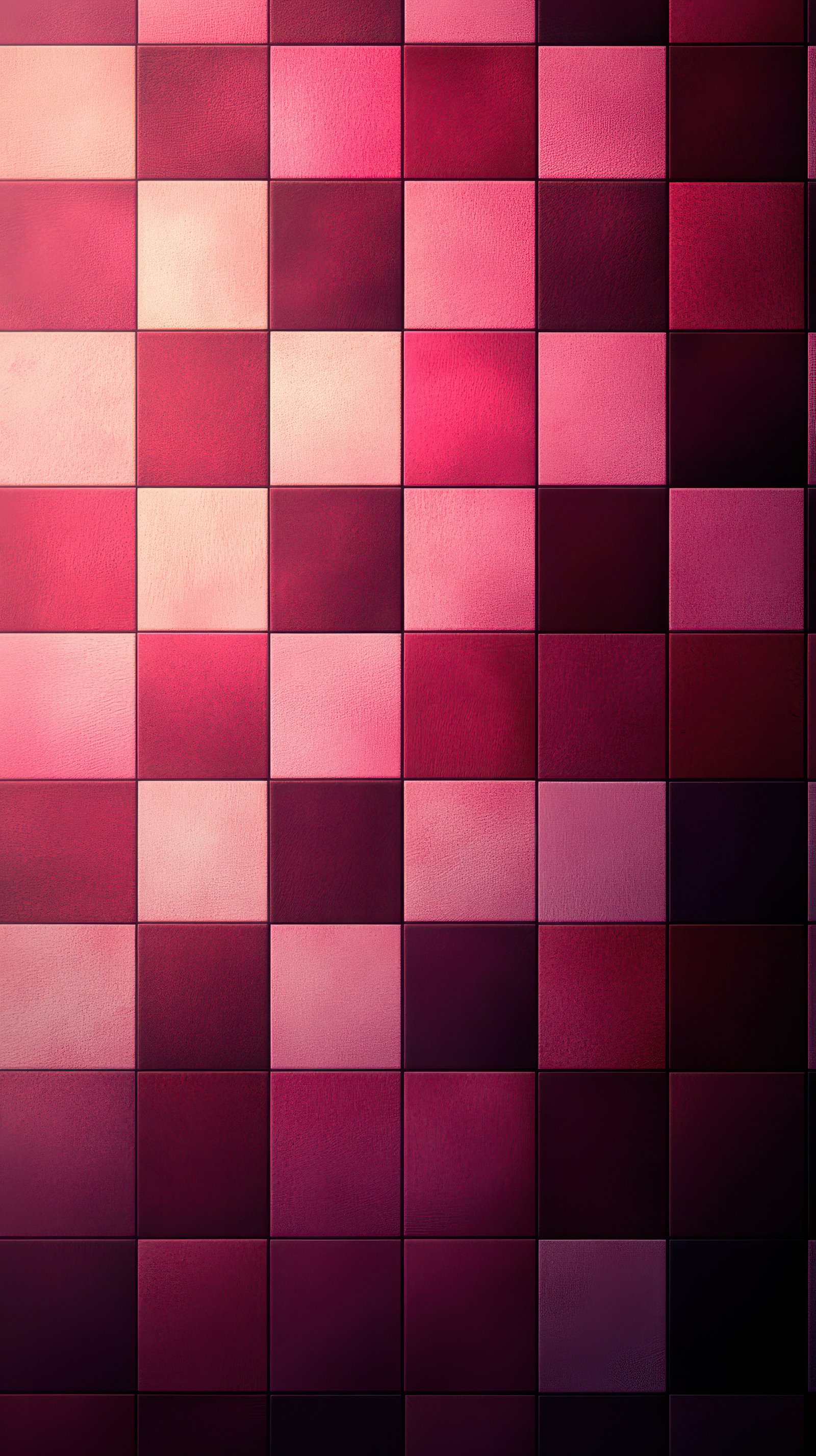 Colorful tiled pattern with varying shades of pink and red creating a vibrant textured wall